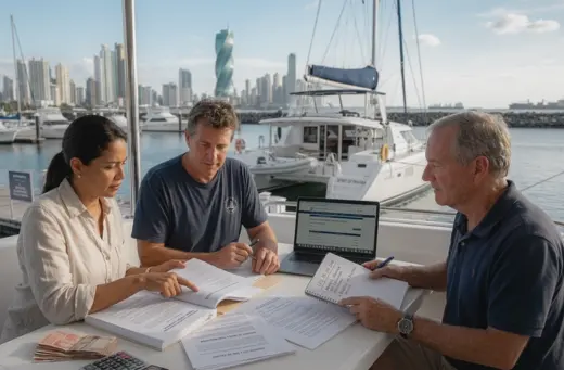 Personas revisando las cláusulas del contrato de copropiedad de un barco