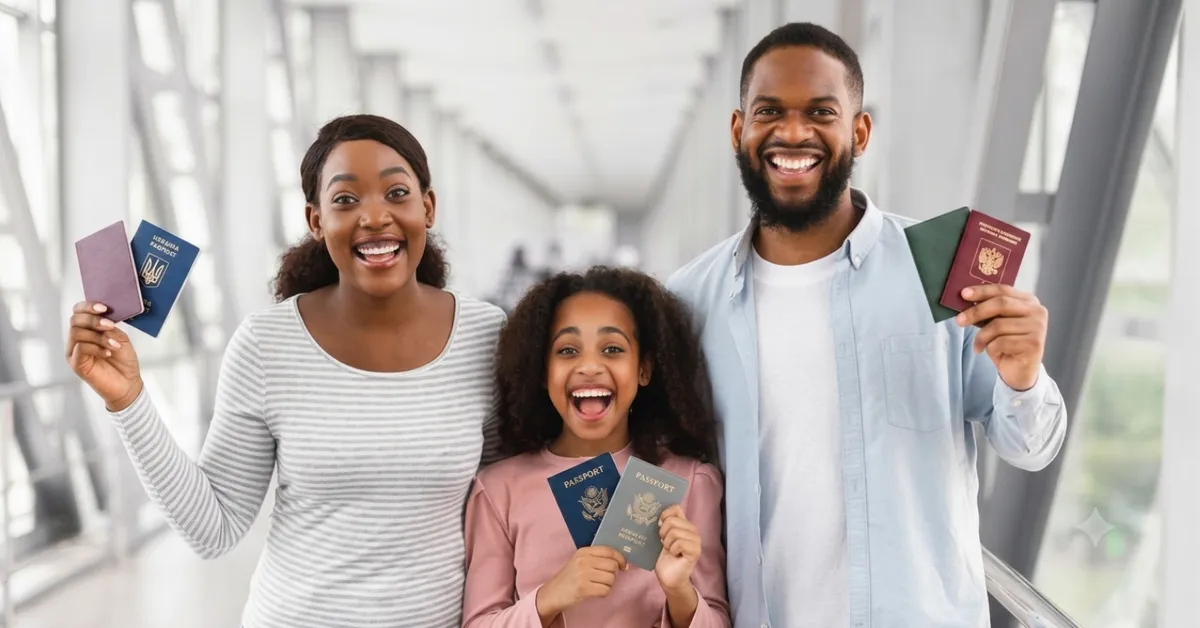 Family holding two passports while planning international travel